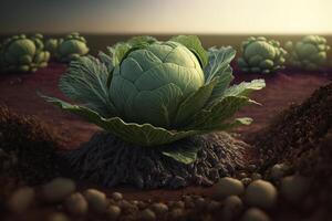 Cabbage in the middle of a field, green organic cabbage vegetable plantation, photo