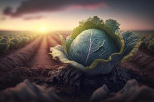 repollo en el medio de un campo, verde orgánico repollo vegetal plantación, generativo ai foto