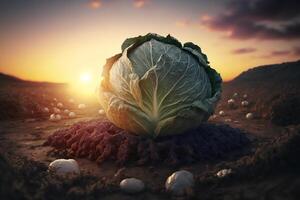 repollo en el medio de un campo, verde orgánico repollo vegetal plantación, generativo ai foto