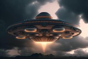 A large alien ship flying through a cloudy sky, photo