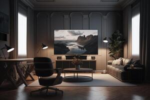 un vivo habitación con un mesa, sillas y un sofá, generativo ai foto