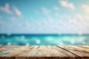 An Empty wooden table top with a blurred view of the ocean landscape in the background, photo