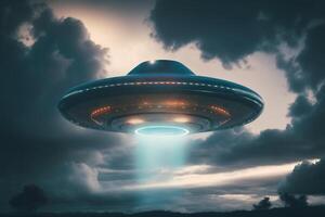 A large alien ship flying through a cloudy sky, photo