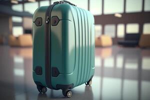 A green suitcase sitting in an airport terminal, photo