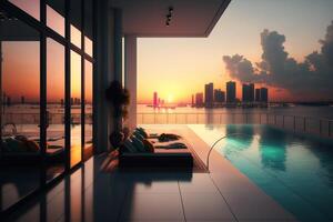 A balcony with a swimming pool and sunset view, photo