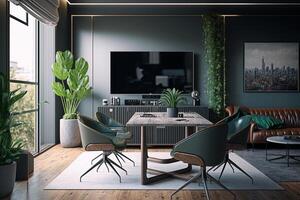 un vivo habitación con un mesa, sillas y un sofá, generativo ai foto