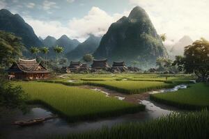 A small village in front of a large mountain, a painting of a rice field with mountains in the background, photo