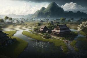 A small village in front of a large mountain, a painting of a rice field with mountains in the background, photo