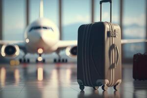 A suitcase sitting on a tiled floor next to an airplane, photo