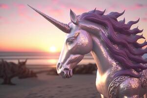 A close up of a unicorn statue on a beach, photo