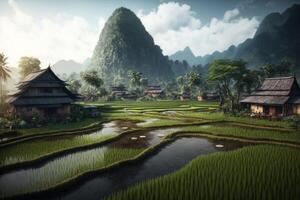 A small village in front of a large mountain, a painting of a rice field with mountains in the background, photo