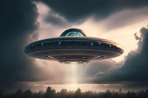 A large alien ship flying through a cloudy sky, photo