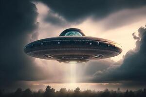 A large alien ship flying through a cloudy sky, photo