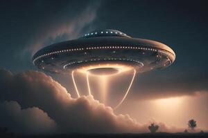 A large alien ship flying through a cloudy sky, photo