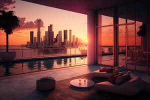 un balcón con un nadando piscina y puesta de sol vista, generativo ai foto