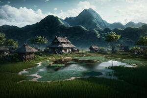 A small village in front of a large mountain, a painting of a rice field with mountains in the background, photo