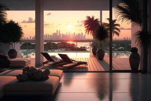 A balcony with a swimming pool and sunset view, photo