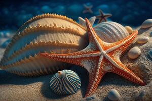 A starfish and shells on a sandy beach, photo