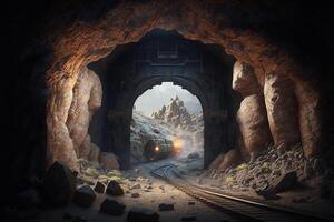 un tren pista viniendo fuera de un oscuro túnel, generativo ai foto