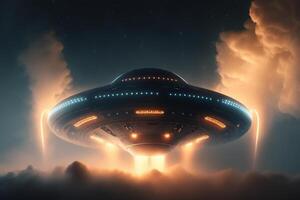 A large alien ship flying through a cloudy sky, photo