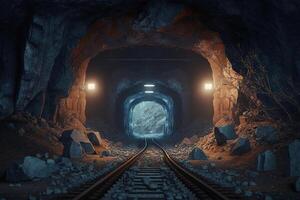 un tren pista viniendo fuera de un oscuro túnel, generativo ai foto