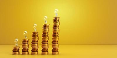 coin golden yellow orange color step growth up lamp lightbulb energy power copy space symbol decoration business financial stack inflation recession money saving economy currency investment.3d render photo