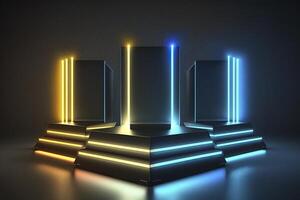 pedestal iluminado con neón luces. generativo ai foto