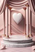 Circular marble pedestal with pink background. photo