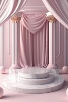 Circular marble pedestal with pink background. photo