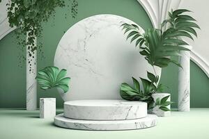 mármol pedestal con plantas y orgánico tonos generativo ai foto