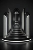 iluminado mármol pedestal con negro antecedentes. generativo ai foto