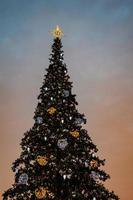 colorful Christmas tree shimmering against the background of the evening pastel sky photo