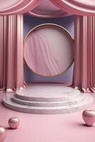 Circular marble pedestal with pink background. photo