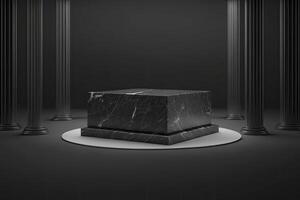 iluminado mármol pedestal con negro antecedentes. generativo ai foto