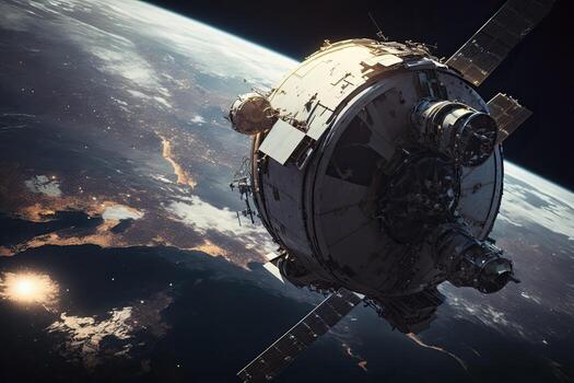 satellite in space with planet in the background. photo