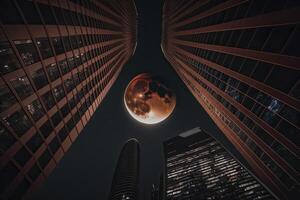 red moon between buildings. photo