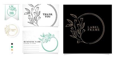 set of design elements floral frame with wreath flower leaves, illustration of label brand and packaging product, applicable for wedding invitation, frame logo, business card, natural symbol and sign vector