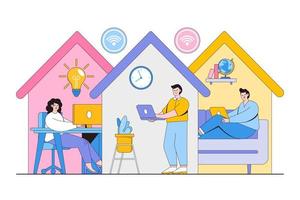 Group of people working from home on the internet online. Freelancer working on laptop. Outline design style minimal vector illustration for landing page, web banner, infographics, hero images