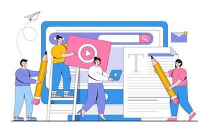 A team of people is developing website, mobile sites and SEO by filling it with functions. Outline design style minimal vector illustration for landing page, web banner, infographics, hero images