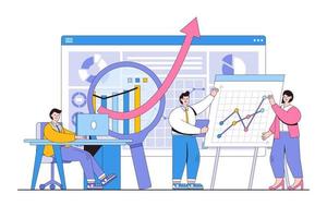 Office workers studying infographic, analysing and discussing presentation with charts. Outline design style minimal vector illustration for landing page, web banner, infographics, hero images