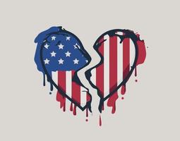 Composition of the American flag in a broken heart. vector