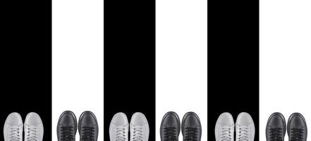 Background sports shoes. Black and white sneakers on a striped background. photo