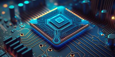 Futuristic electronic microchip circuit board close up concept illustration. illustration. photo