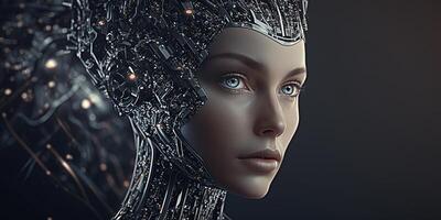 Futuristic cyborg robotic girl with a complex neural brain threads. Artificial intelligence neural data science technology concept. illustration. photo