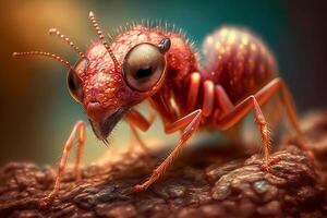 A close up of red fire ant on rough surface surrounded by defocused environment. Ants macro photography. illustration. photo