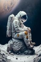 Man in astronaut suit sitting on the cracked stone with outer space and galaxy background. Photorealistic sci-fi spaceman. illustration. photo