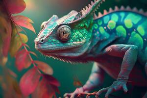 Close up portrait of colorful vibrant chameleon on tree branch with defocused environment background. illustration. photo