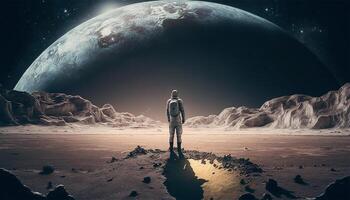 Astronaut standing on deserted land look at another planet. Space travel and exploration concept. illustration. photo