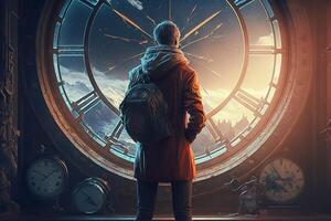 Man wearing jacket in front of clock window watching over the horizon. Illustration. photo