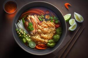 Japanese ramen bowl hot served with chopstick on table. illustration. photo